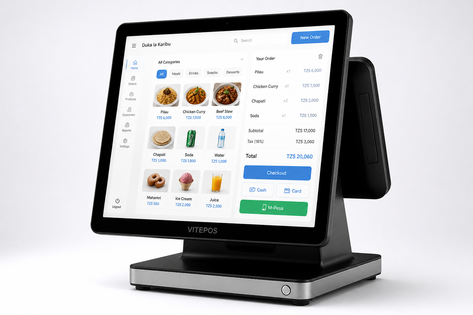 Modern Pelsam POS touchscreen terminal with restaurant ordering interface, M-Pesa payment and TZS billing